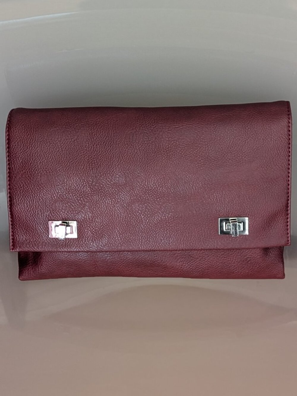 Vintage Burgundy Textured Leather Mid Century Style Envelope Clutch